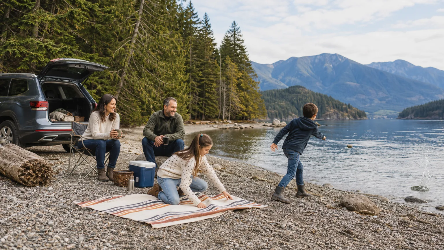 Family enjoying a simple day trip in British Columbia