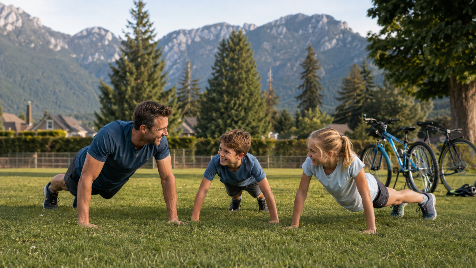 Father and two children laughing during a friendly push-up challenge in a British Columbia park