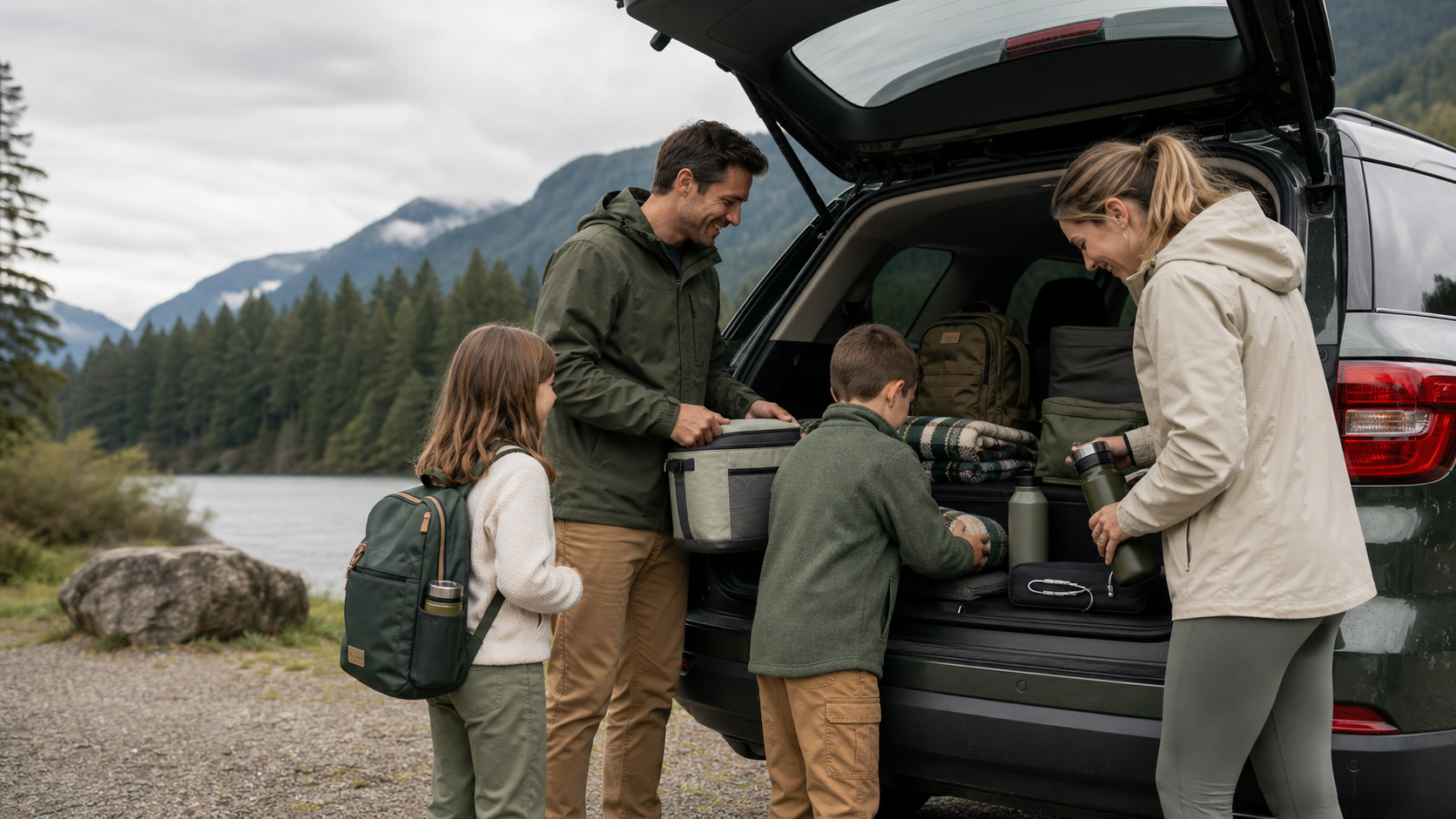 A Canadian family loading practical gear into an SUV for a road trip
