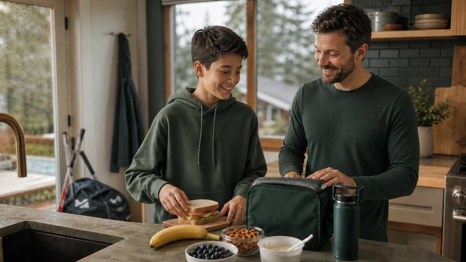 Father and young athlete packing pre-game food together