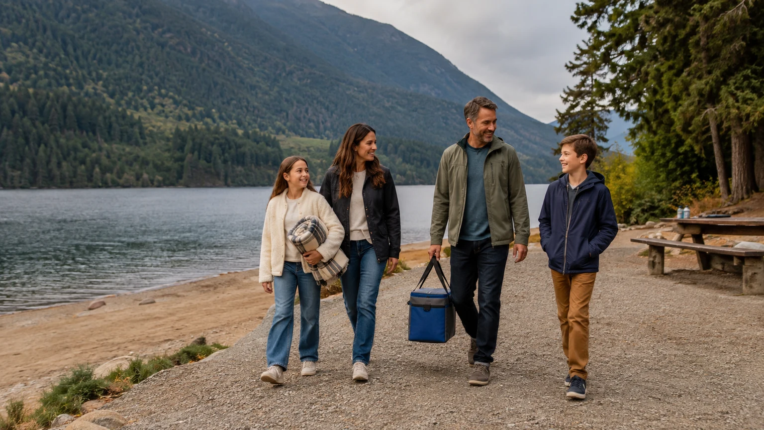 Family arriving with a cooler and picnic blanket beside Alouette Lake in Golden Ears Park