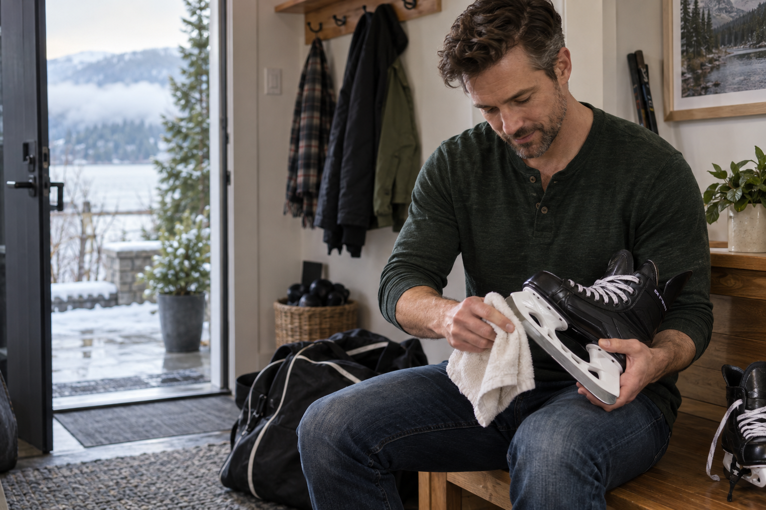Hockey parent drying and checking the blade on a child’s skate