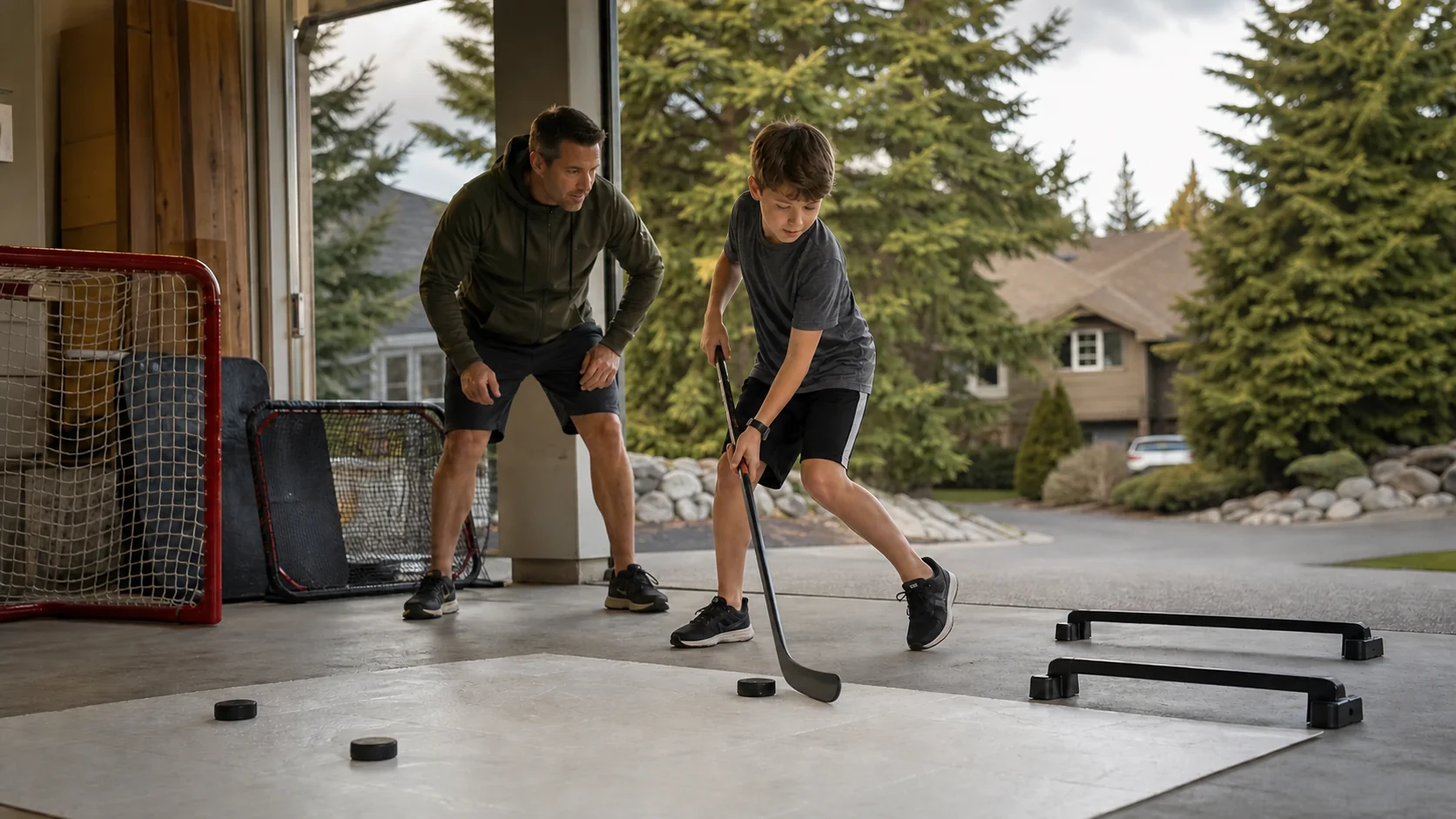 Father helping a young hockey player practise stickhandling on a shooting pad in a British Columbia garage