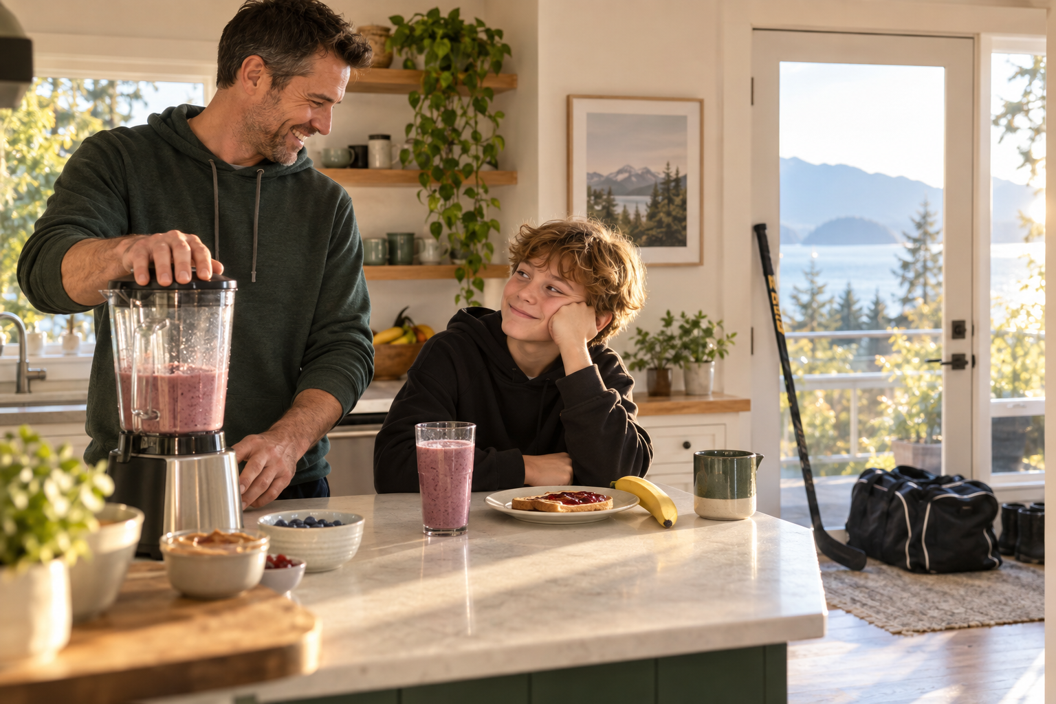Hockey dad making toast and a smoothie for a sleepy young player before early ice