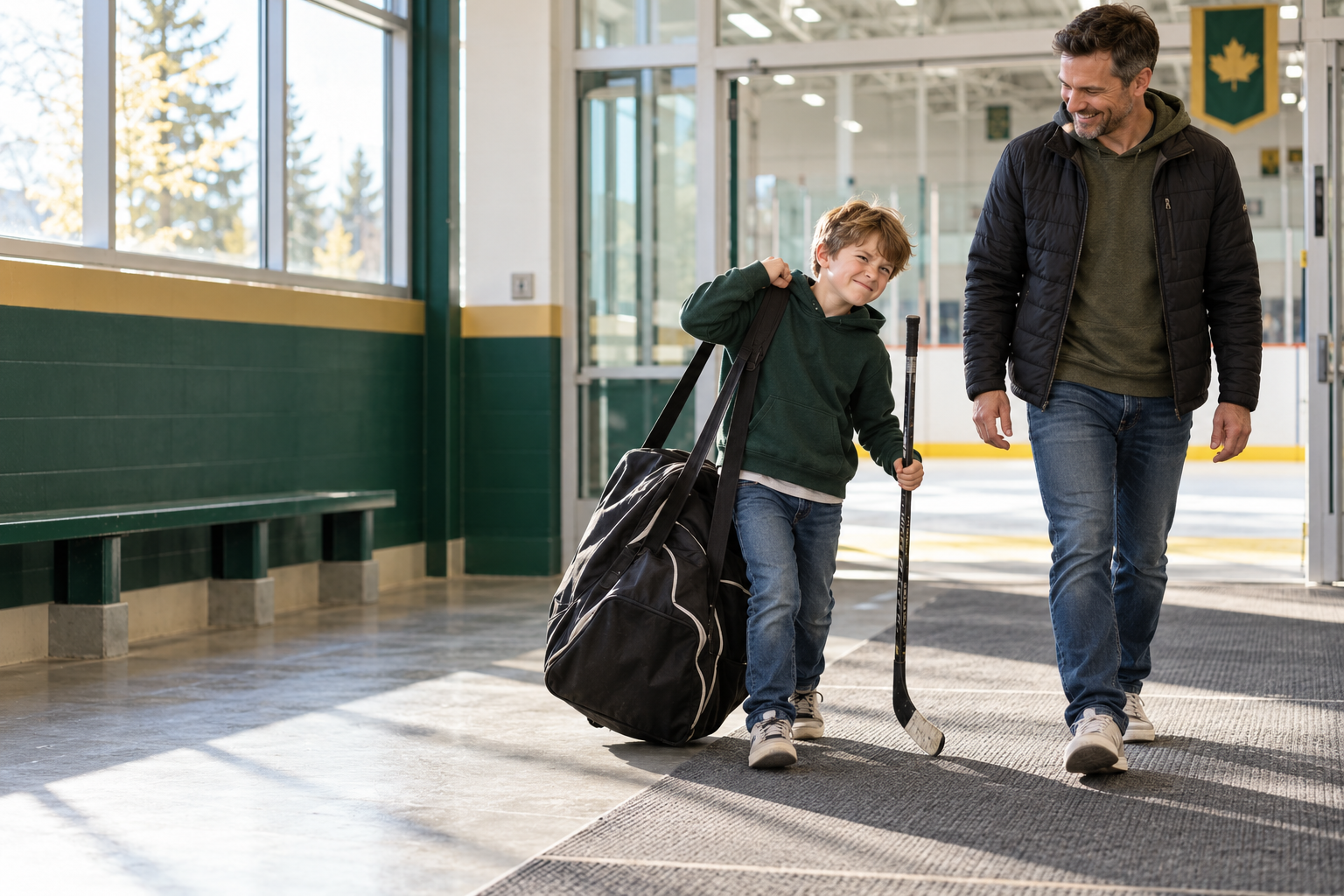 Young hockey player struggling to carry an oversized hockey bag because its straps hang too low