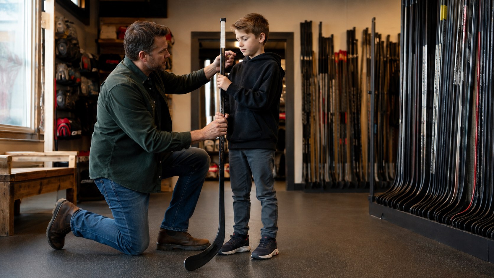 Father helping his child check the length of a youth hockey stick in a Canadian hockey shop